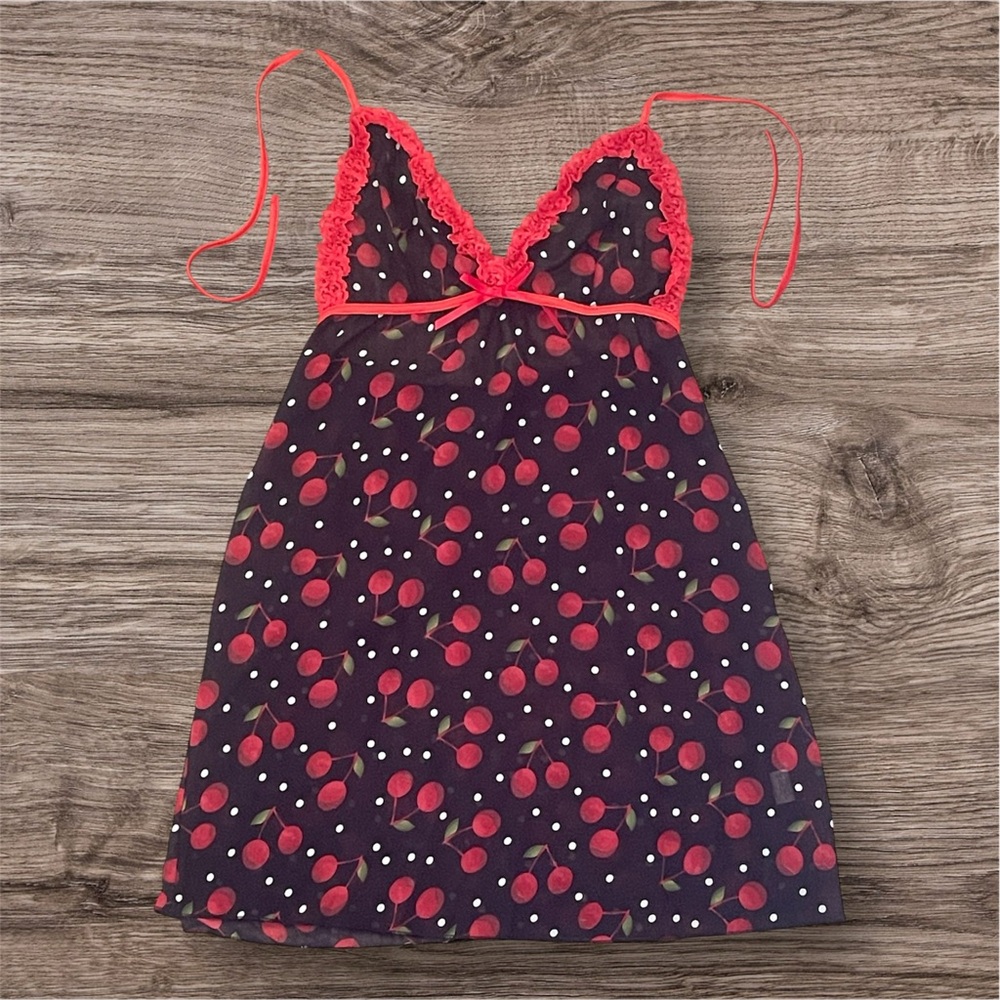 SHEIN Cherry Print Chemise with Red Lace